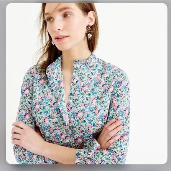 J crew Liberty Fabrics Womens 8 Ruffle Button-up Blouse Claire-Aude Floral - Picture 10 of 11